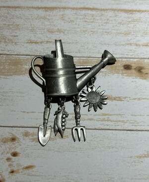 Vintage JJ Jonette Jewelry Pewter Watering Can w/Gardening Tools Dangle Brooch